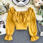 Женские короткие топы в стиле ретро с квадратным воротником и длинным рукавом, женская тонкая рубашка с эластичной резинкой на талии, однотонная блузка, Blusas Femininas Elegante K376