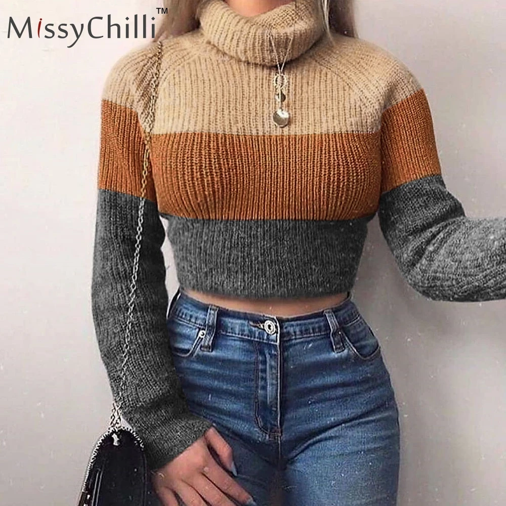 MissyChilli вязаный пуловер с высоким воротником в полоску с длинным рукавом и высоким воротником, женский свитер на осень и зиму, модный свитер в уличном стиле