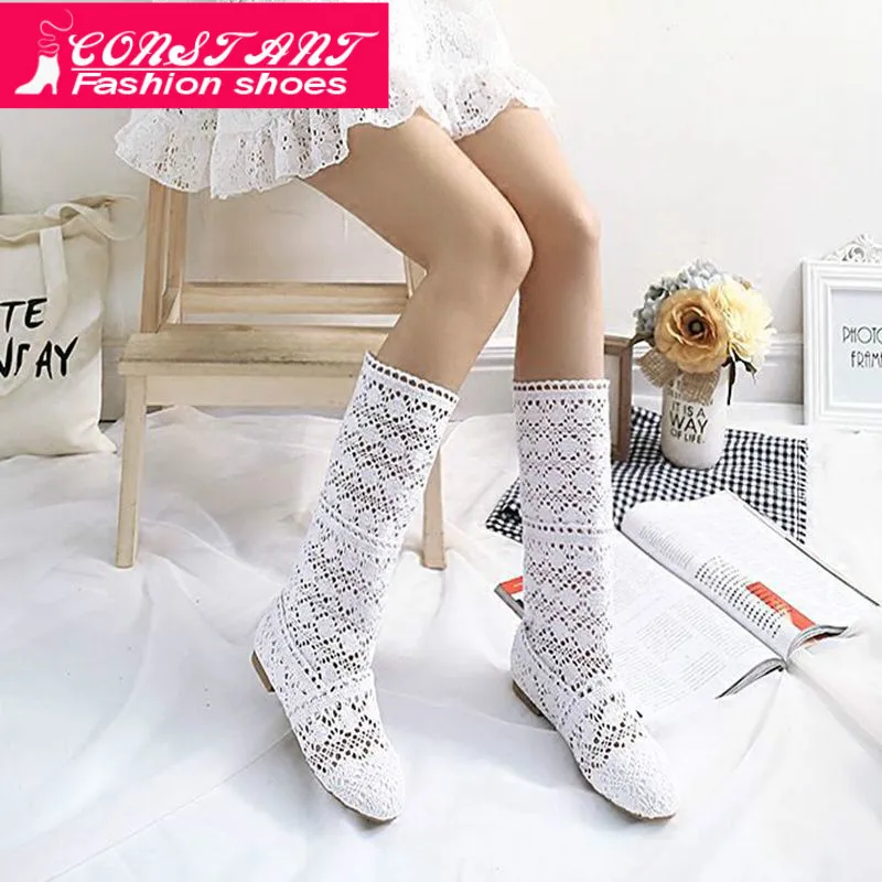 Летние сапоги из флока и кружева с вырезами модные женские вышивкой большие