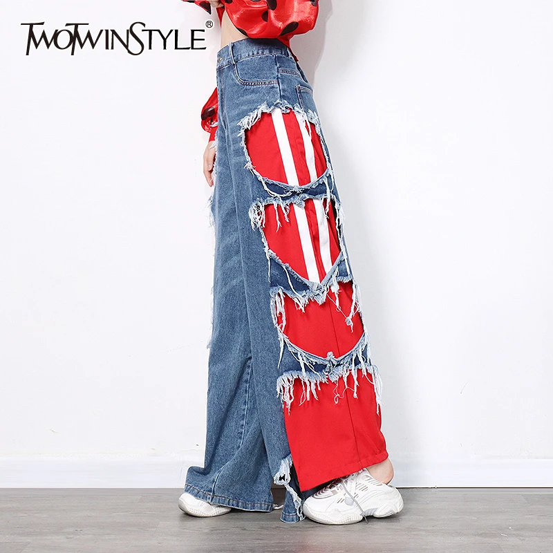 

TWOTWINSTYLE Streetwear Patchwork Hole Tassel Jeans For Women High Waist Hit Color Casual Loose Denim Pants Female Fashion New