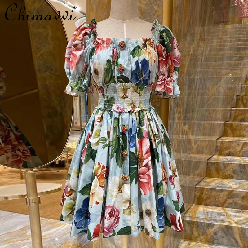 

Exquisite Button Floral Print Puff Sleeve Dress Sexy Off-Neck Elastic Waist Doll Dress Women Fashion Slim Elegant Summer Dress