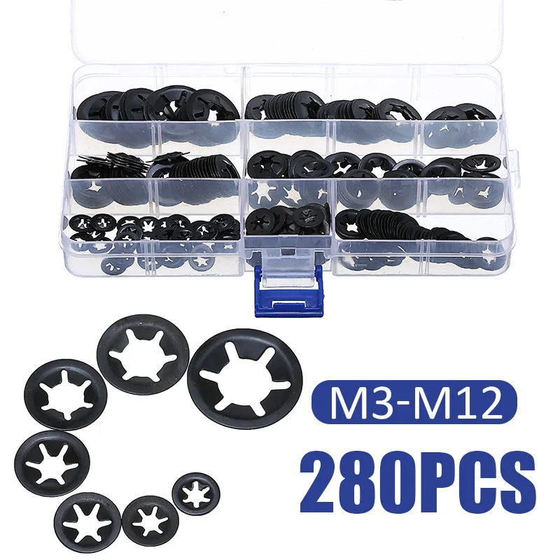 

280Pcs/set M3 M4 M5 M6 M8 M10 M12 Starlock Push Nut Star Lock Washer Speed Flat Shaft Fastener Hardware Gasket Accessories