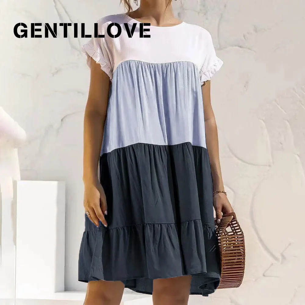 

Gentillove Women Pleated Hit Color Beach Style Club Patchwork Ruffles Loose Summer Casual Basic O-Neck Short Sleeve Mini Dress