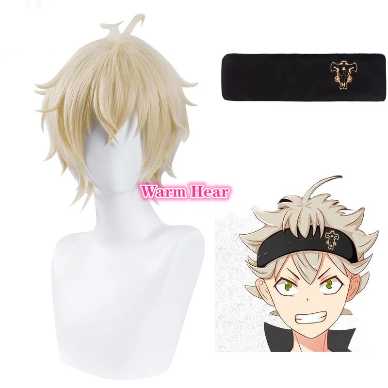 

Аниме Черный клевер Asta короткий светильник лый блонд косплей парик с лентой для волос с эмблемой черного быка термостойкий парик + парик Кеп...