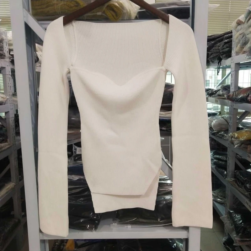 

Spring 2020 New and Summer Fashion Women Clothes Cashmere Sqaure Collar Full Sleeves Elastic High Waist Sexy Pullover