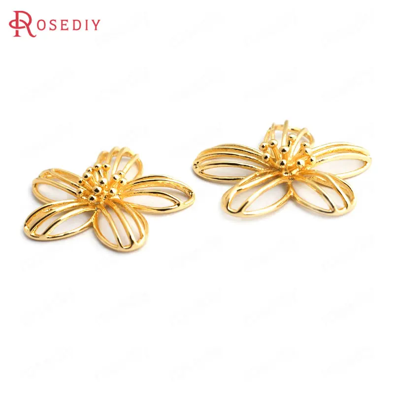 (F146)6 штук 27x25 мм латунные подвески в виде цветка с 24-каратным золотом