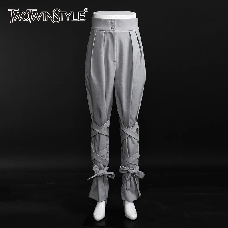 

TWOTWINSTYLE Bandage Ruched Casual Pants For Women High Waist Cross Lace Up Bowknot Gray Trouser Female Fashion New Clothing