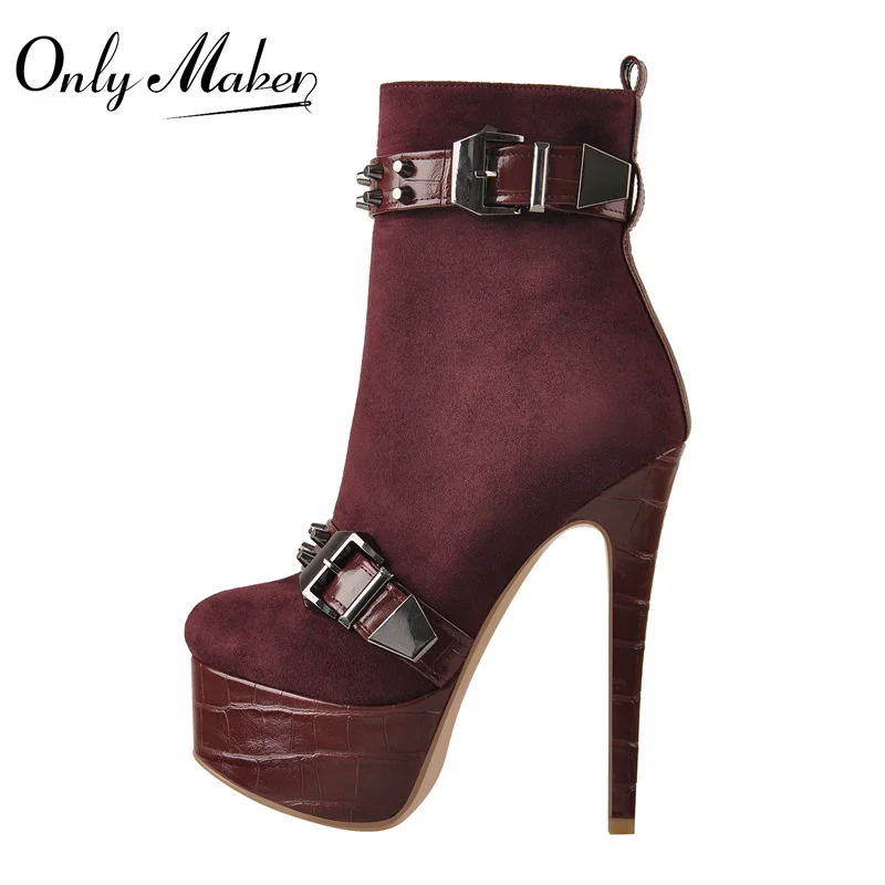 

Onlymaker Winter Women's Platform Ankle Boots Black Red Faux Suede Metal Buckles Rivet Thin High Heel Booties Zipper Large Size