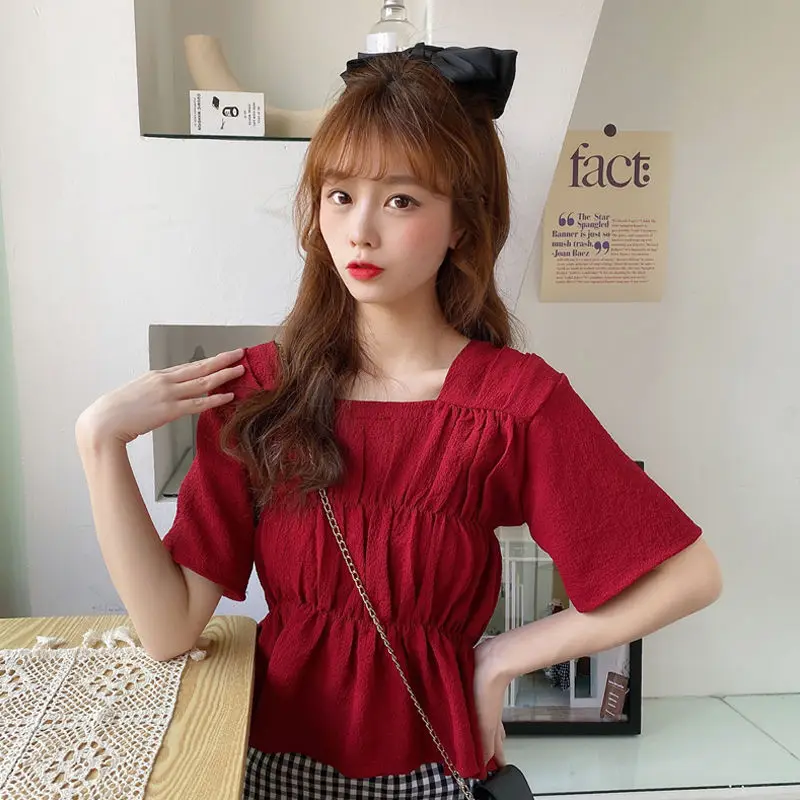 

Summer New Korean-Style All-match Sweet Slim Shirt Western Style Short Square Collar Short-Sleeved Chiffon Shirt Women's Fashion