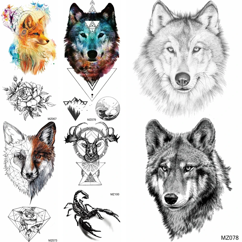 Black Fox Wolf King Temporary Tattoos Sheets For Women Children Body Art Flower Waterproof Arm Tattoo Animal Tatoos Sticker | Красота и