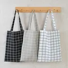 Женская клетчатая холщовая сумка-шоппер, складные сумки на плечо для покупок, портативные сумки-тоуты для продуктов с фруктами, овощами, экологически чистые тканевые мешки