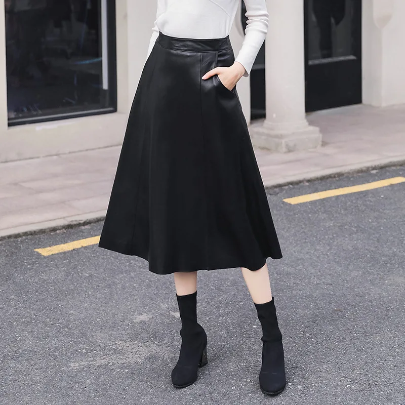 Autumn Winter Temperament Long Leather Skirt Real Sheepskin High Waist Umbrella Formal Skirt High Quality Black with Pockets