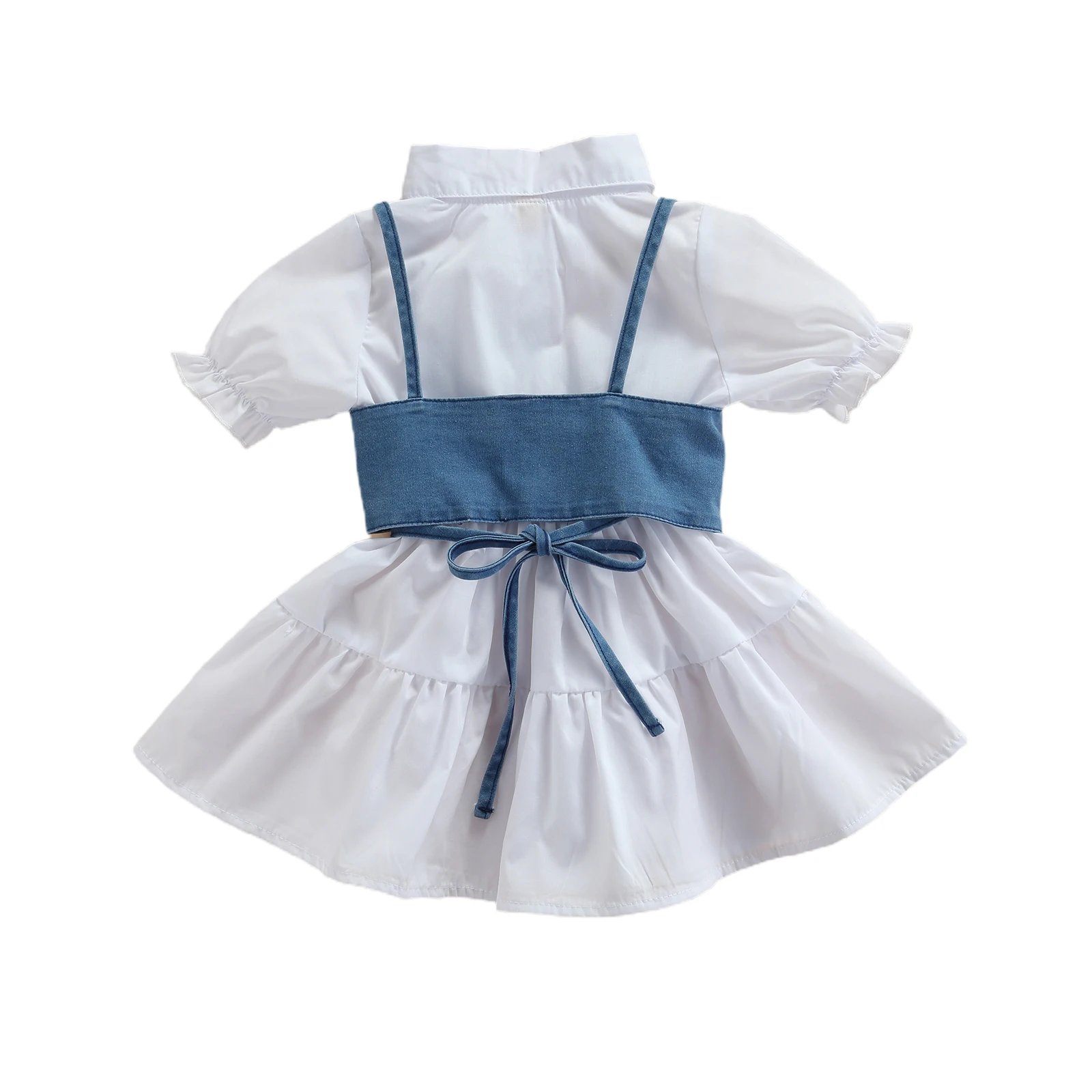 

Baby Short Sleeve Dress + Denim Vest, Simple Style Adjustable Bandage with Ruffle Decoration Summer Clothing 2021 New Fashion