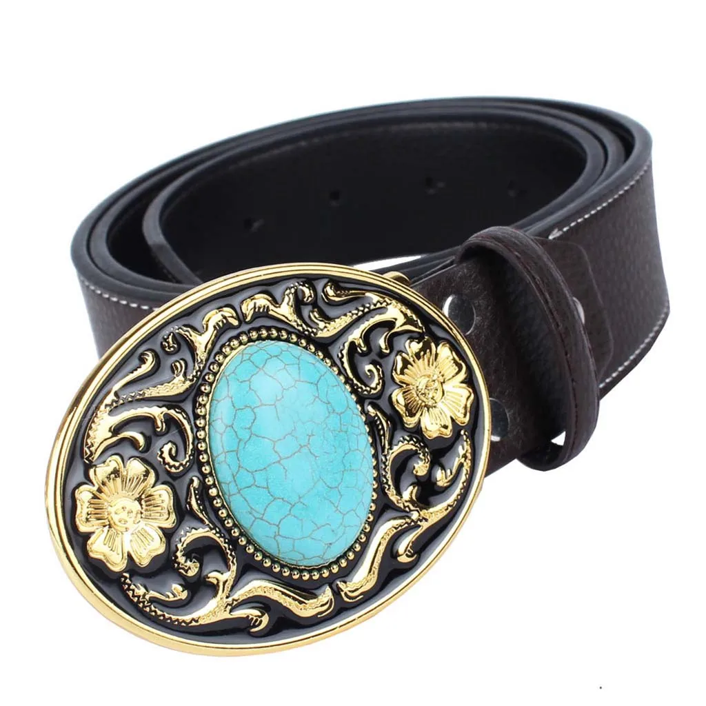 Ковбойский кожаный ремень в ковбойском стиле с пряжкой бирюзовый Женский