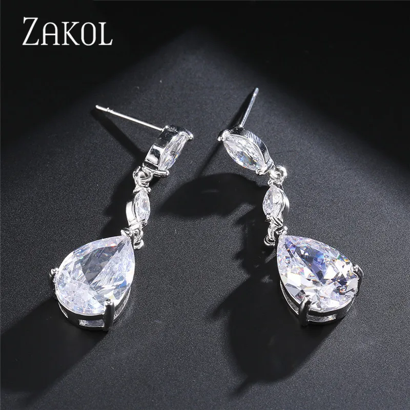 Элегантные длинные серьги-капли ZAKOL с фианитами для невесты ювелирные изделия