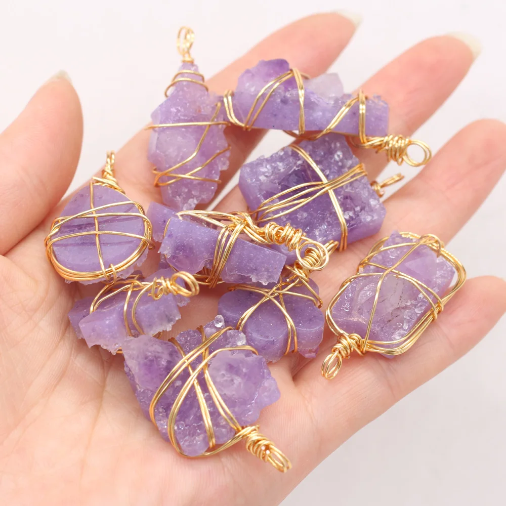 

Metal Wire Wrapped Natural Stone Irregular Shaped Amethyst Pendant for DIY Necklace Earrings Accessories Jewelry Making Gift