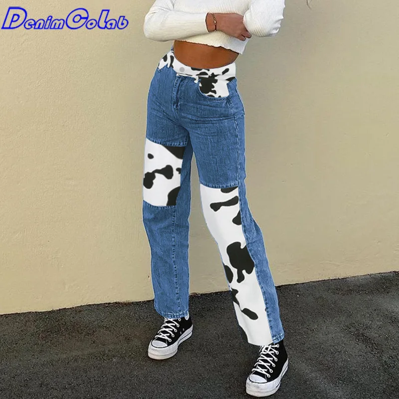 

DenimColab Fashion Cow Print Patchwork Street Jeans Women Splicing High Waist Straight Jeans Ladies Casual Trousers Denim Pants