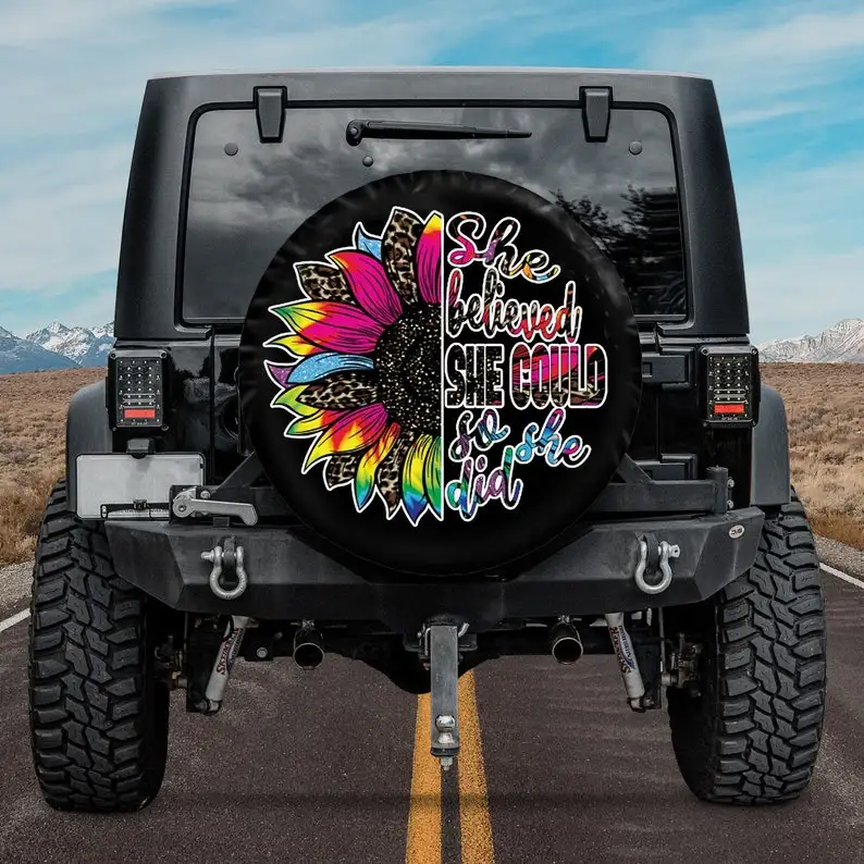 

She Believed She Could So She Did - Sunflower Tie Dye Spare Tire Cover - Car Accessories, Custom Spare Tire Covers Your Own,
