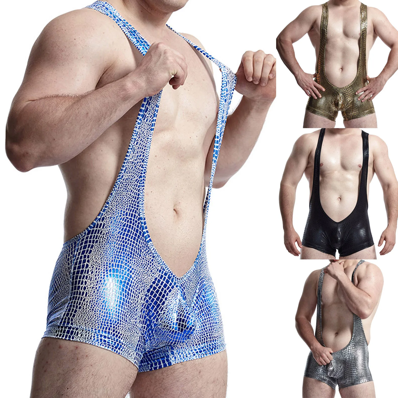 

Men's Underwear Sexy Pattern Suspenders Boxer Briefs Jumpsuit Snakeskin Men's underwear