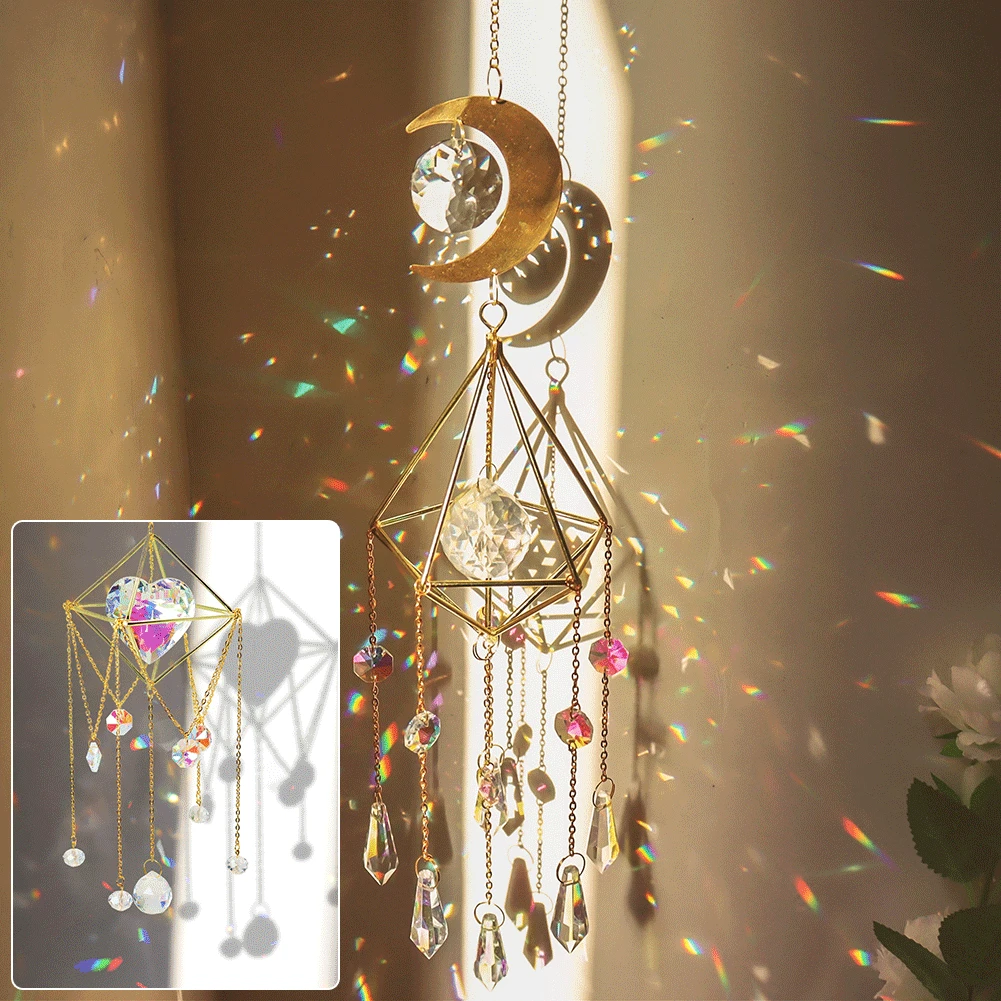 

Crystal Wind Chime Moon Rainbow Crystal Prism Sun Lights Catcher Hanging Ornament Jewellery for Garden Window Curtain Home Decor