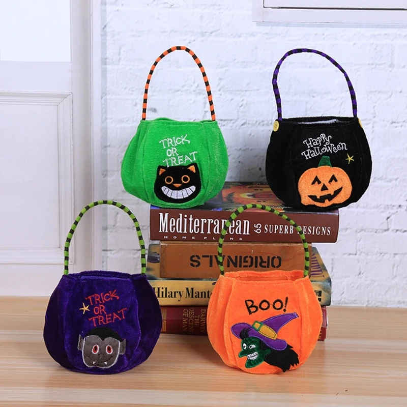 

Happy Halloween Velvet Candy Gift Bag Kids Trick or Treat Goody Tote Pumpkin Cat Witch Vampire Handbag Storage Bucket Basket new