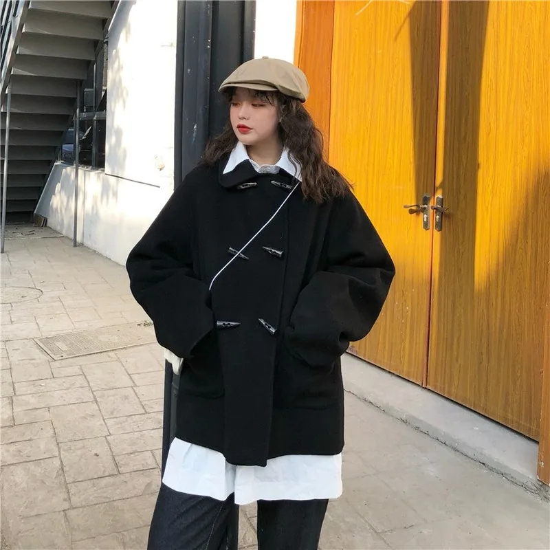 

Lapel Temperament Loose Heavy Woolen Coat Women's Autumn Winter Small Ox Horn Button Straight Tube Type Thickened Woolen Coat