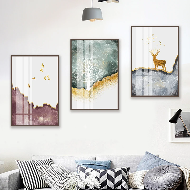 

Abstract Water Color Tree and Deer Poster Canvas Print Forest Wall Art Picture Modern Minimalist for Living Room Decorative 4-12