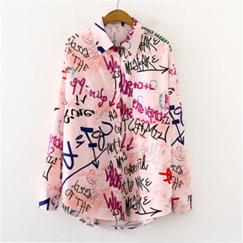 

2021 Spring Fashion New High-Quality Letters Graffiti Printing Mid-Length Lapel Long-Sleeved Shirt Men's Women's Tops Trendy