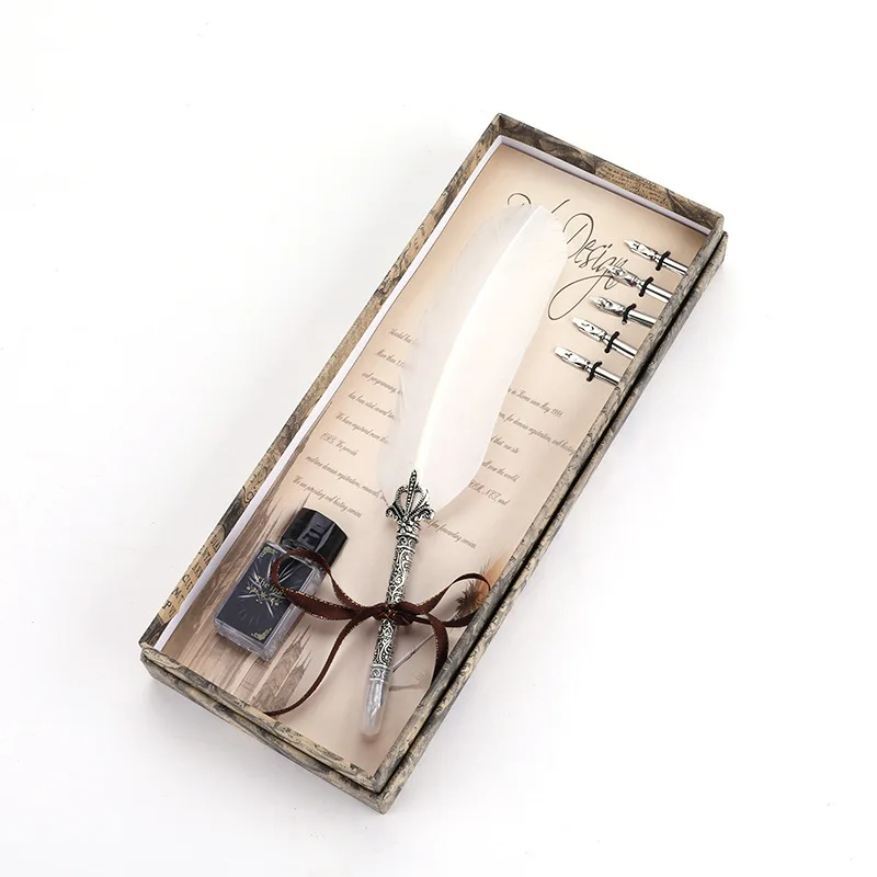 PS210 1Set Calligraphy Feather Dip with 5 Nib Gift Quill Pen Writing Ink Set Box Wedding Fountain Design New | Канцтовары для офиса