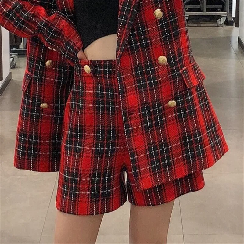 

Plaid Twill Back Zipper Short Pants Female Women Vintage Decorative Metal Buttons Fashion High Waist Shorts Mujer