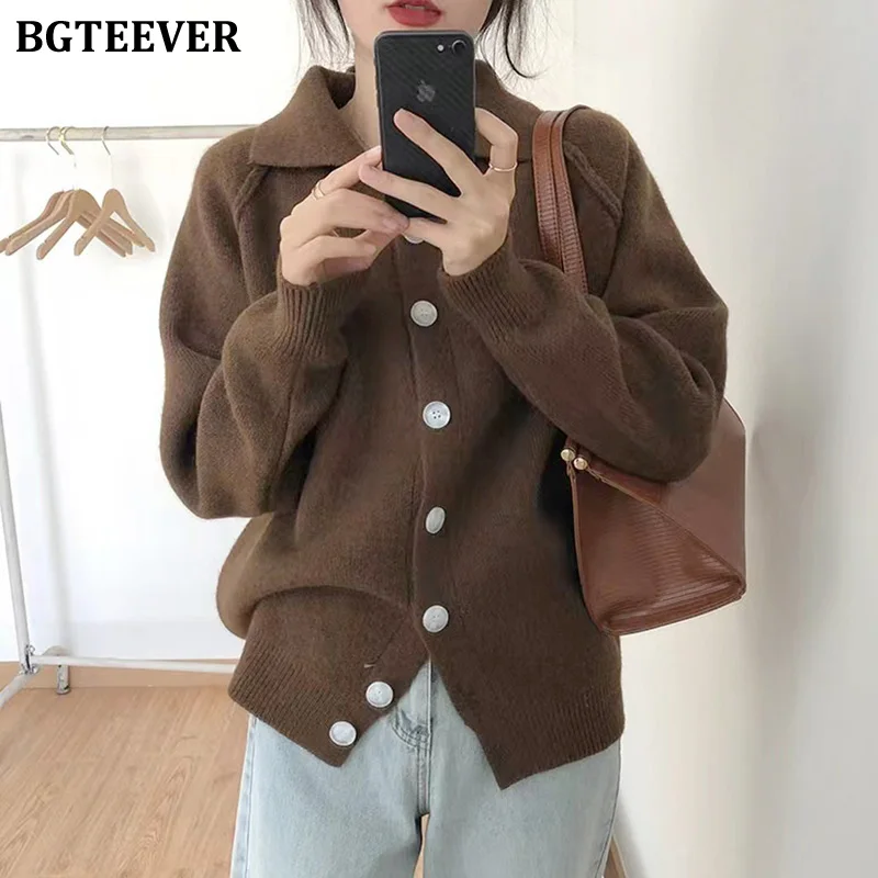

BGTEEVER осенне-зимние однобортные свободные женские кардиганы Свитера повседневные с отложным воротником Длинные рукава женские трикотажные...