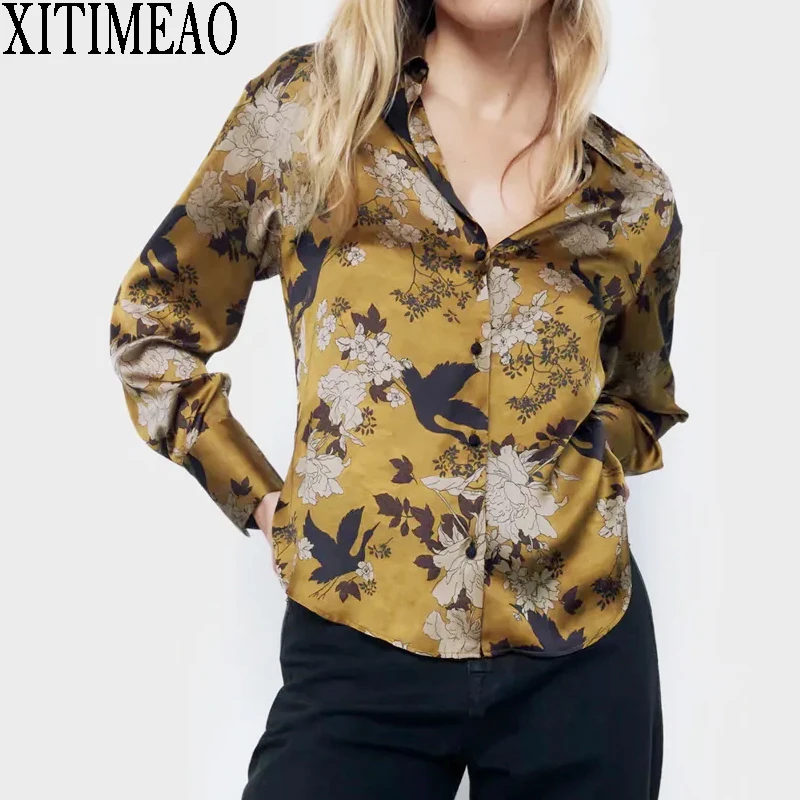 

ZA New Fashion Retro Floral printing Lapel Blouse Women Elegant Loose Long Sleeve Shirts Casual Chic Tops XITIMEAO