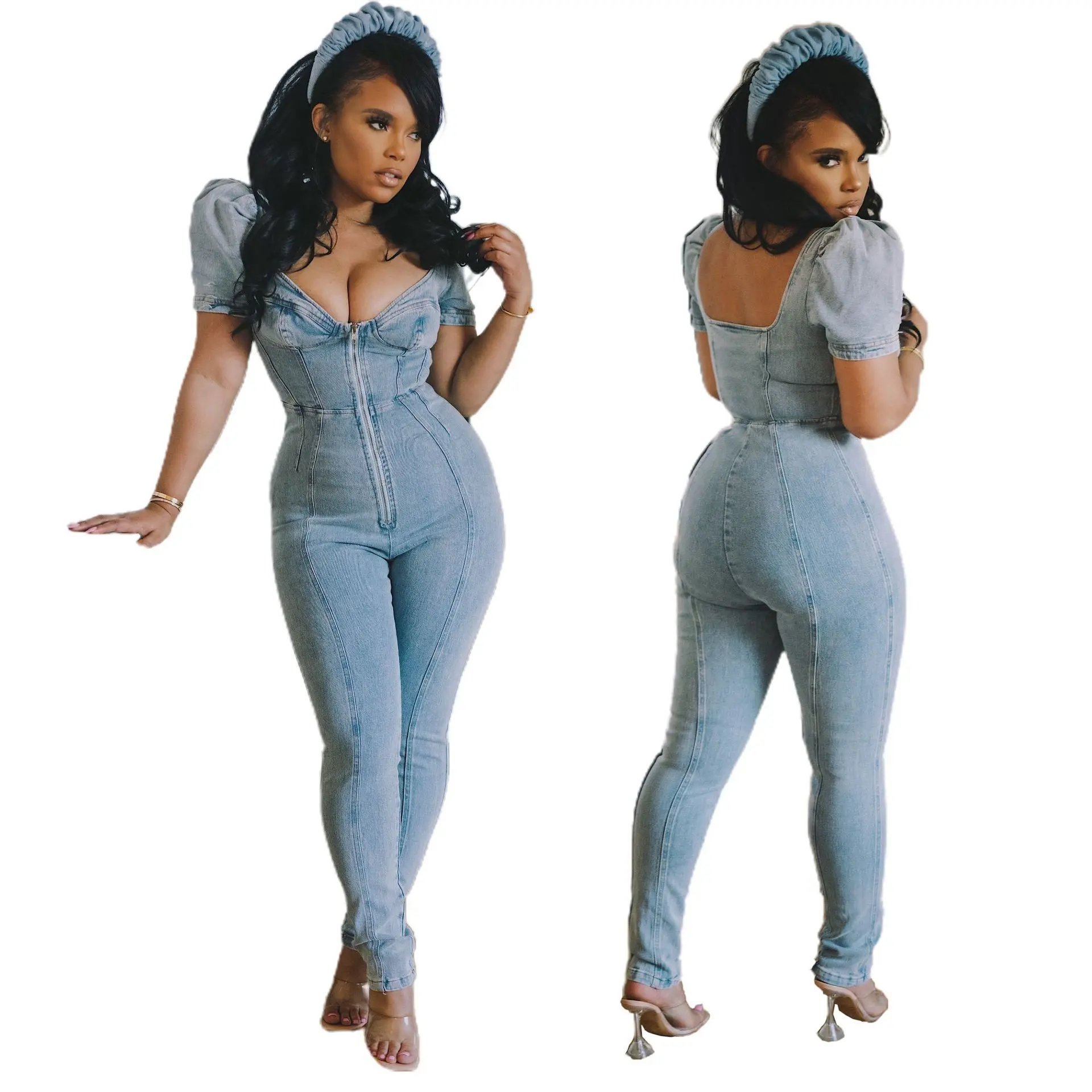 

Women Denim Jumpsuit Solid Short Puff Sleeve V-neck Zipper Stretchy Pencil Jumpsuits Casual Fashion Outfit Summer
