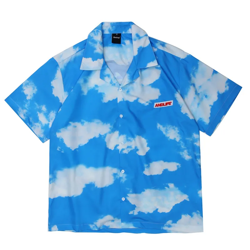

Harajuku Oversize Sky Printed Shirts Blouse Men Short Sleeve Summer 2021 Hawaiian Holiday Beach shirts Unisex Hip Hop Tops Male