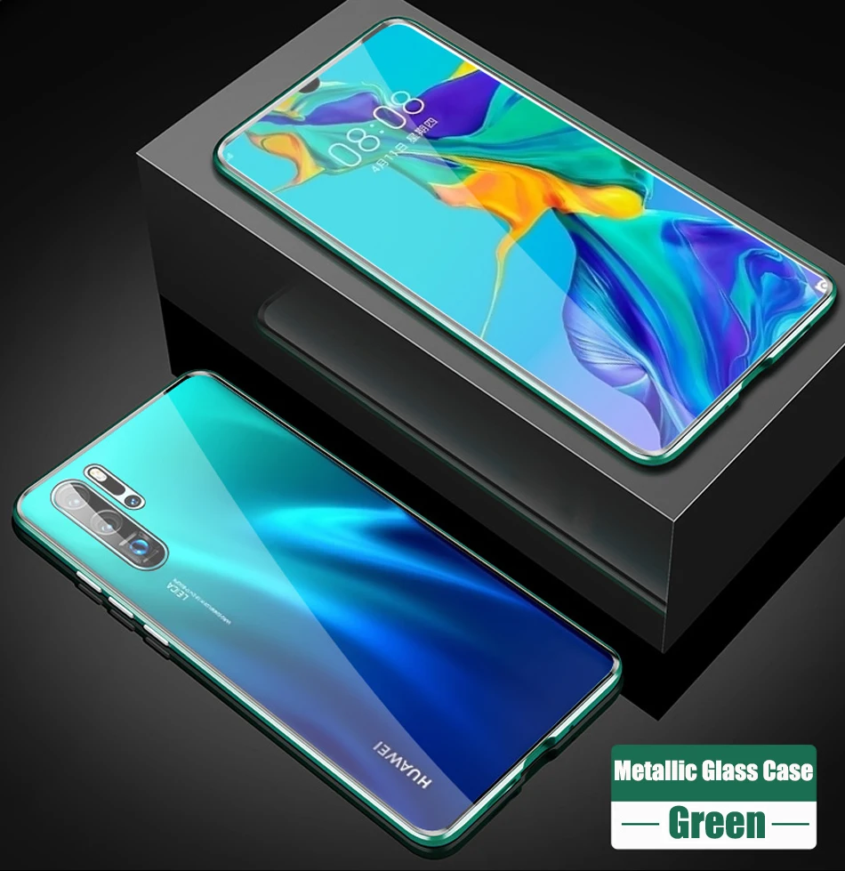 Магнитный абсорбционный металлический флип-чехол для huawei P30 P30Pro P30Lite, двухстороннее закаленное стекло для huawei P30 Pro, чехол