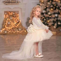 champagne flower girl dress high low puffy sequin mesh ball gown kids layers glitter bow knot princess dress for birthday