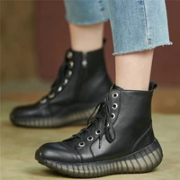 fashion sneakers women lace up genuine leather flat with motorcycle boots female high top round toe platform pumps casual shoes