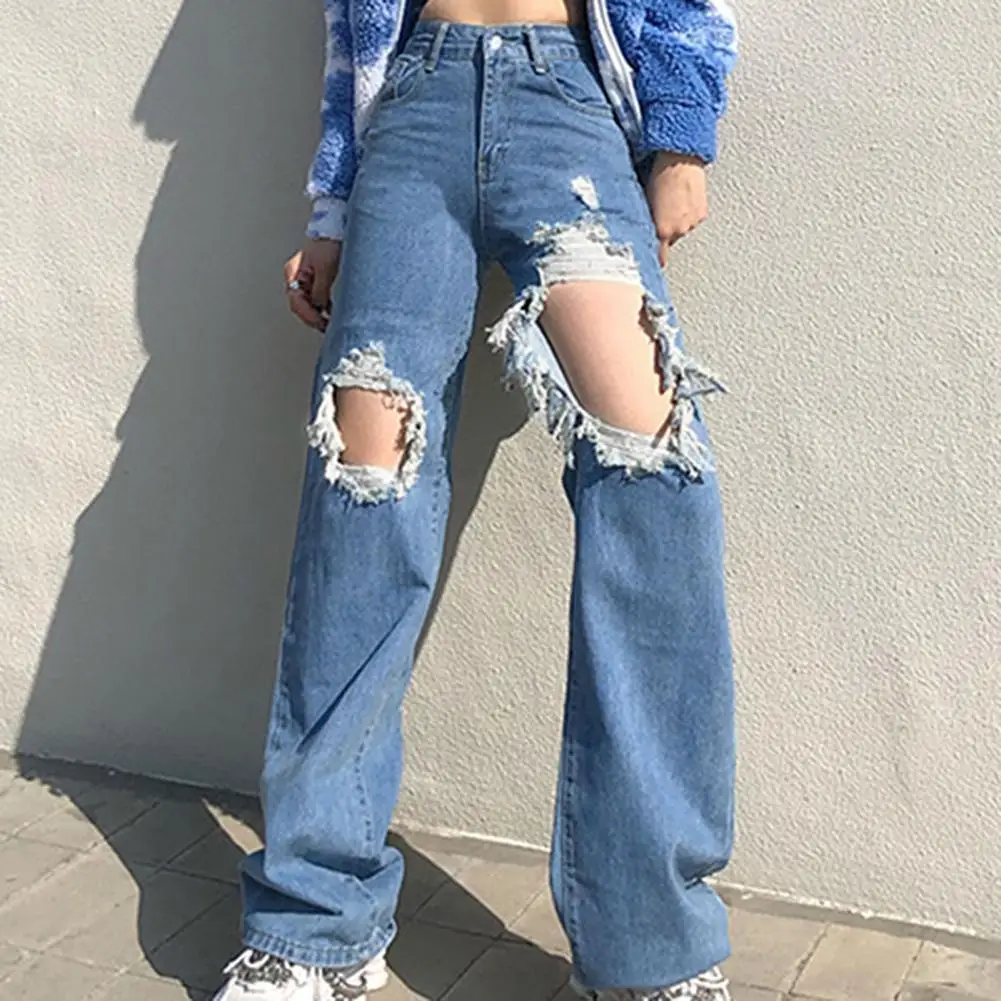 

Denim Popular Multi Pockets Straight Ripped Denim Jeans Multi Pockets Women Jeans High Waist for Work