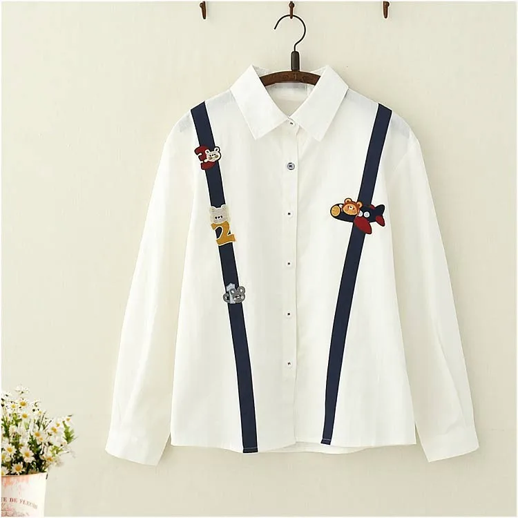 Милая хлопковая блузка рубашка с длинными рукавами рисунком самолета и