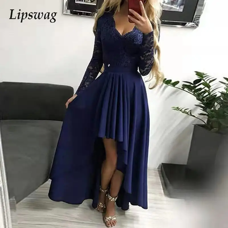 

Женское кружевное вечернее платье с V-образным вырезом, элегантное модное весеннее лоскутное платье с длинным рукавом и оборками, женское в...