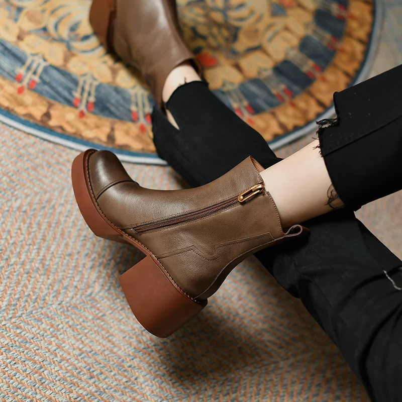 Женские ботильоны в стиле ретро FEDONAS из натуральной кожи на толстом каблуке