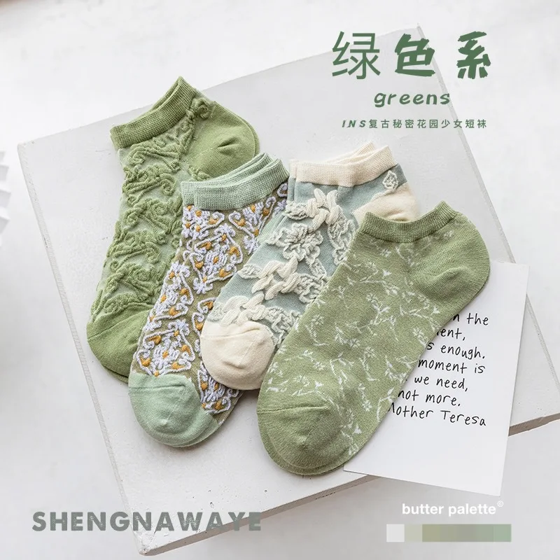 New Product Women's Socks Retro Secret Garden Green Ladies Boat Socks European and American Court Style Comfortable Cotton Socks