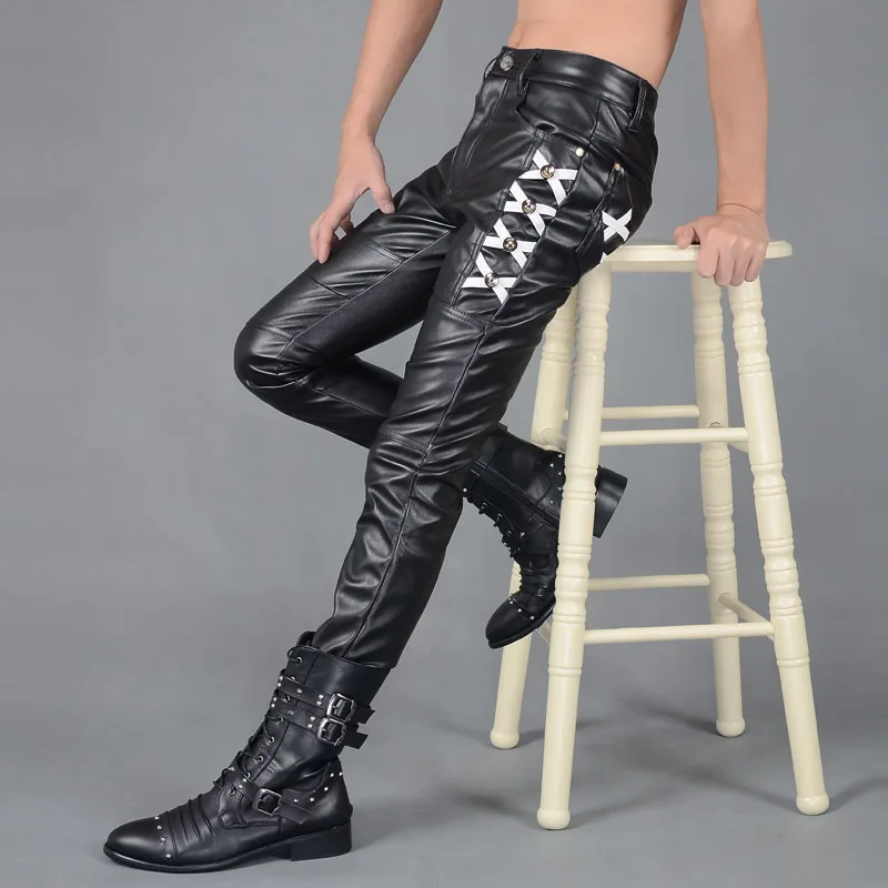 

Full Leather Autumn Winter New Men's Tight Leather Pants Stitching Male Locomotive Black Leather Men's Pants Ropa De Hombre 2020