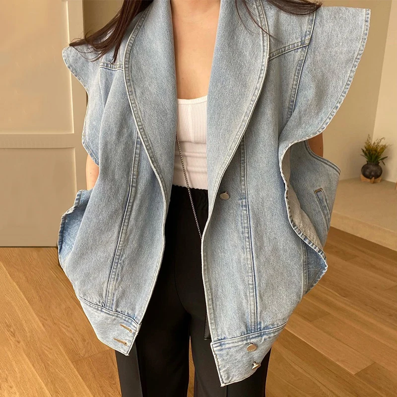 Chic Jacket Jeans Women Clothing Summer 2021 Butterfly Sleeveless Ruffle Denim Coat Female High Street Designer Fall Outwear
