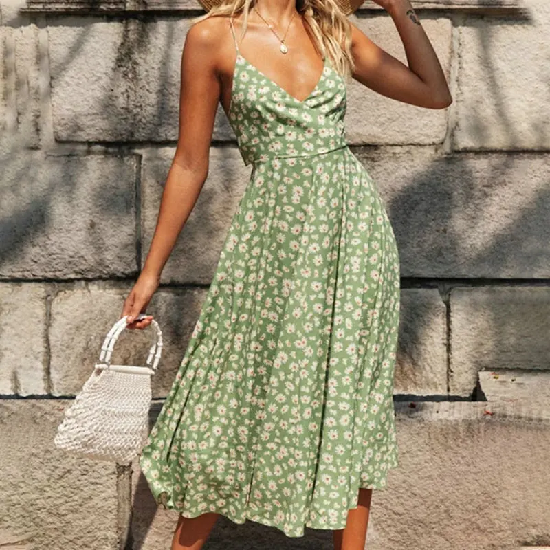 Женские платья с подтяжками на спине повязкой платье миди 2020 летнее цветочным