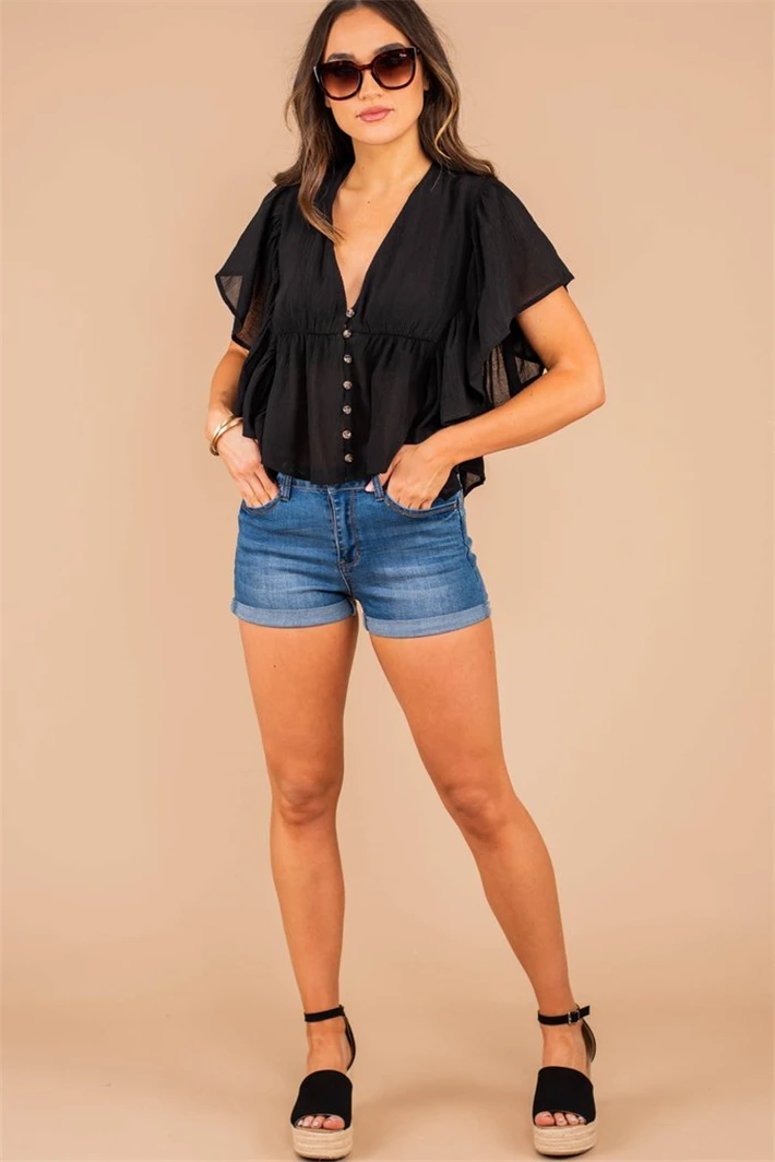 

Fashion Girl Loose Shirt European and American V-neck Flounces Short Sleeve Women Blouse Cool Summer Wearing