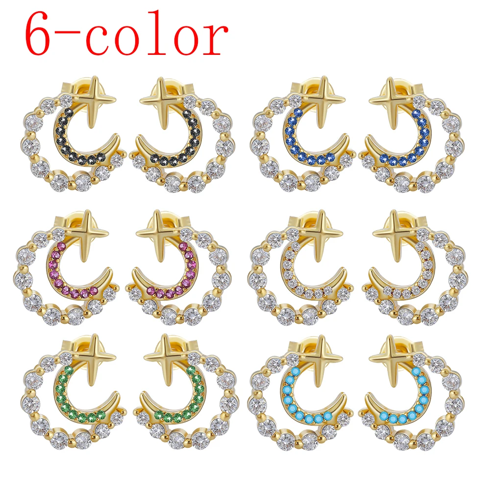 

6-color Micro Pave CZ Stud Earrings Moon Stars Shining Earrings Summer Exquisite Fashion Jewelry Gift