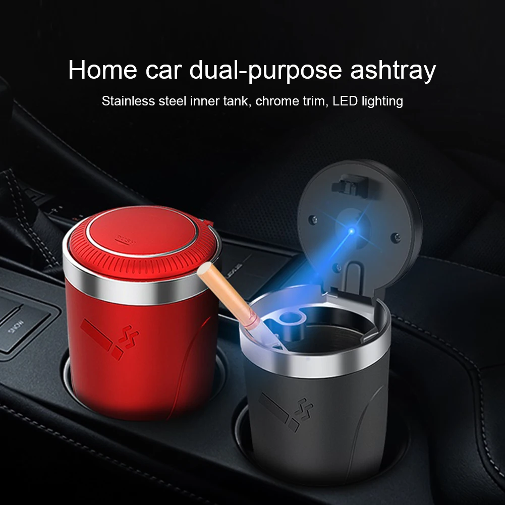 

Led Light Push Type Car Ashtray With Lid Multifunctional Vehicle Cigarette Holder Ashtray Trash Can Interior Decoration