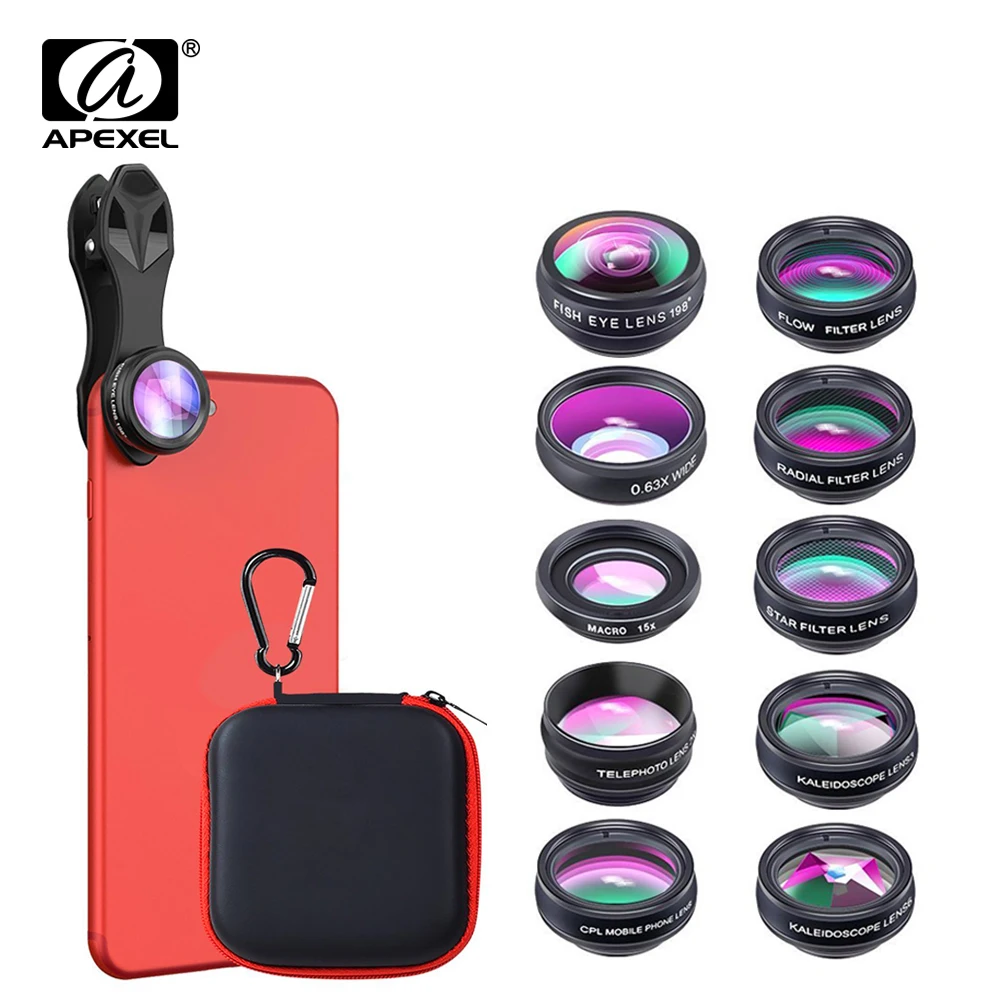 APEXEL 10 в 1 мобильный телефон объектив Комплект Fisheye широкоугольный телескоп макро