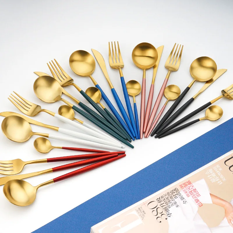 

Steel Golden Tableware Luxury Dinnerware Set Kitchen Cutlery Polishing Fork Spoon Knives Vajilla completa de platos Cubiertos